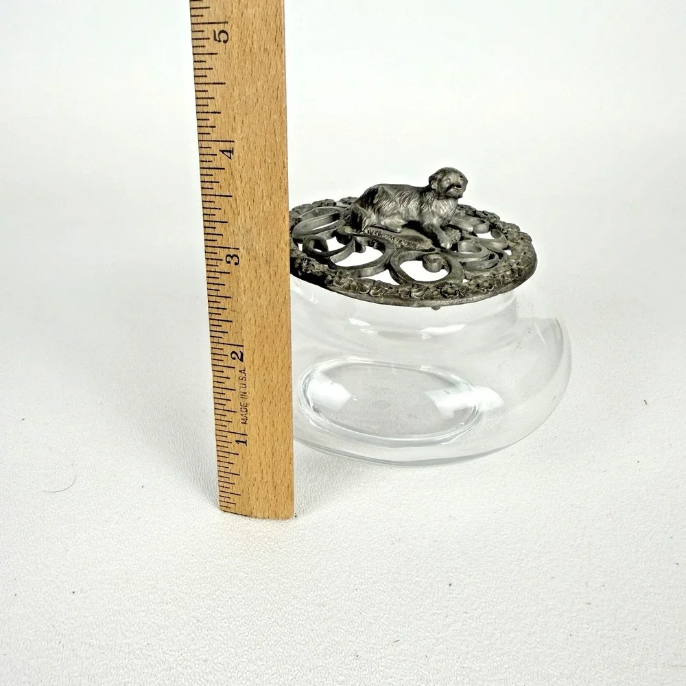 Rawcliffe Pewter Puppy Dog Glass Trinket Box Covered Dish 1989